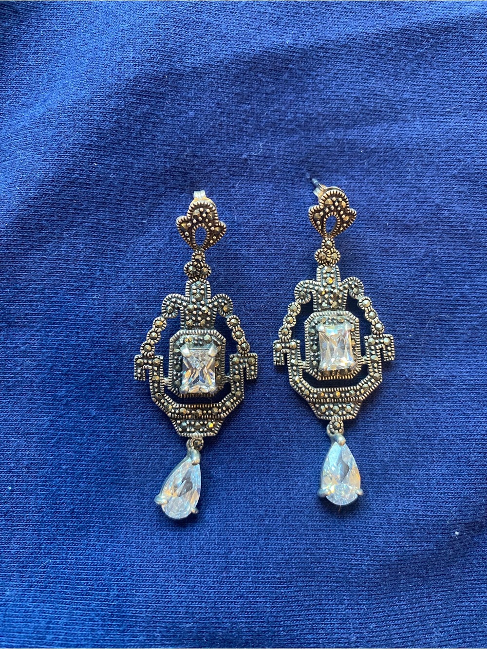 Vintage Signed CFJ Thai 925 Sterling Silver Marcasite Art Deco Drop Earrings